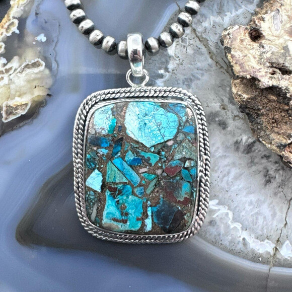 Sterling Southwestern Style Large Square Cooper Turquoise Pendant For Women - Picture 1 of 10